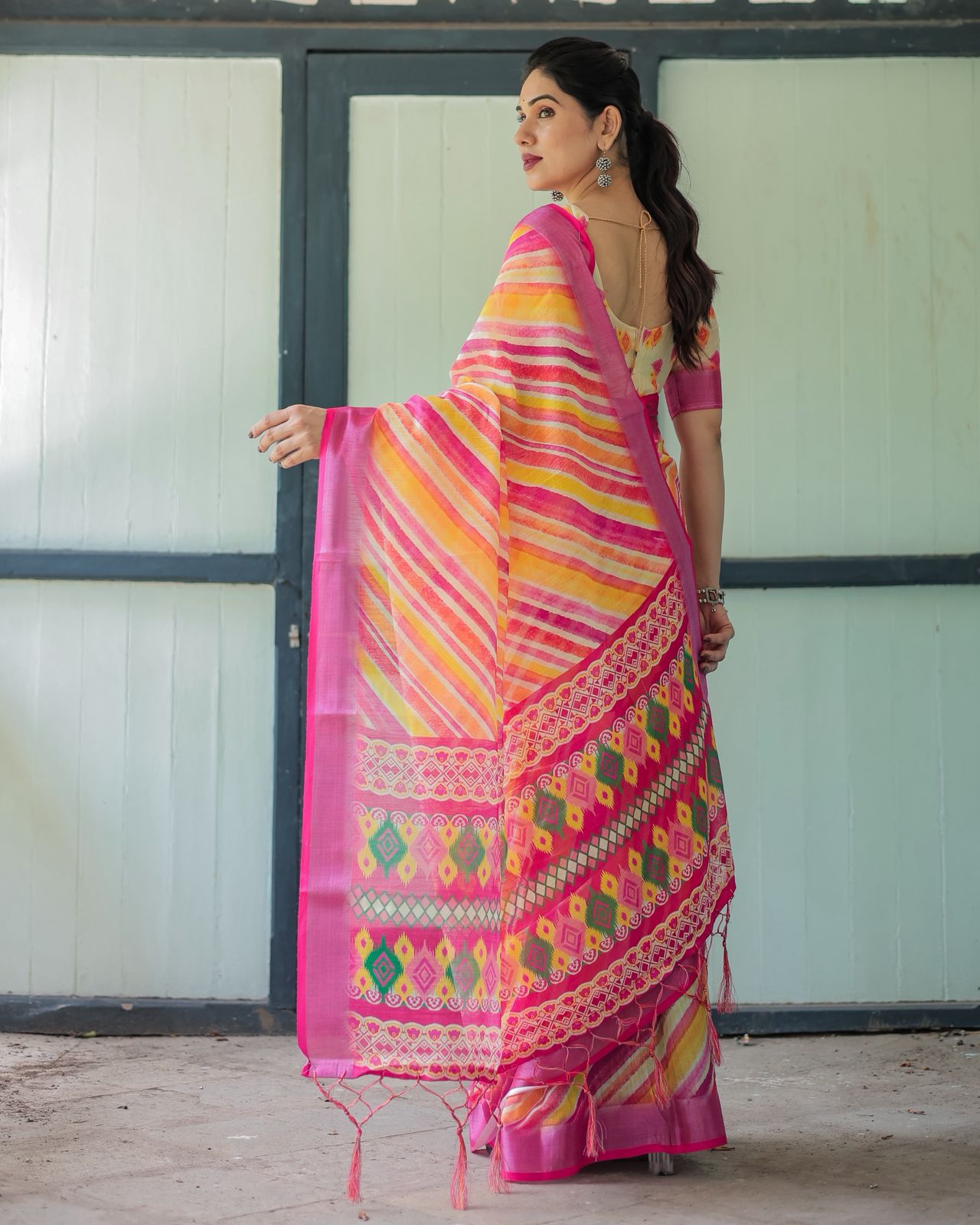 Vibrant Multicolor Linen Saree with Ikat Inspired Prints