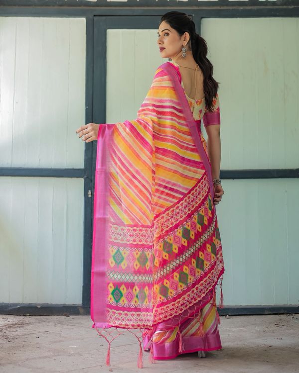 Vibrant Multicolor Linen Saree with Ikat Inspired Prints