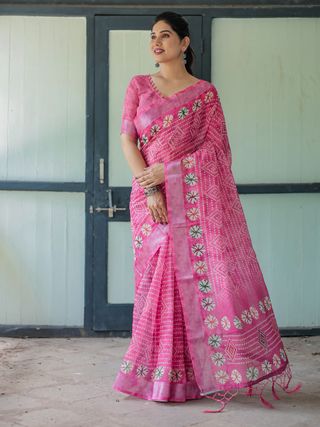Elegant Pink Linen Saree with Bandhani & Floral Design