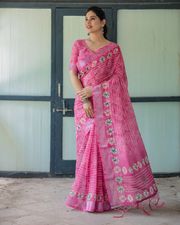 Elegant Pink Linen Saree with Bandhani & Floral Design - Pink