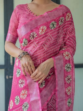 Elegant Pink Linen Saree with Bandhani & Floral Design