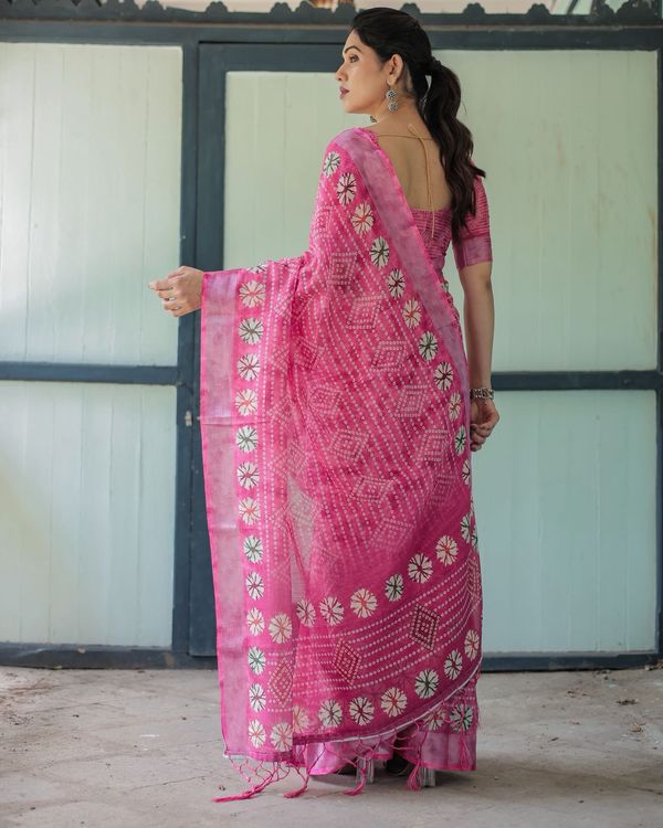 Elegant Pink Linen Saree with Bandhani & Floral Design