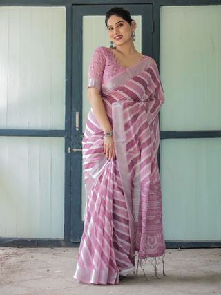 Soft Lavender Linen Saree with Elegant Stripe Pattern