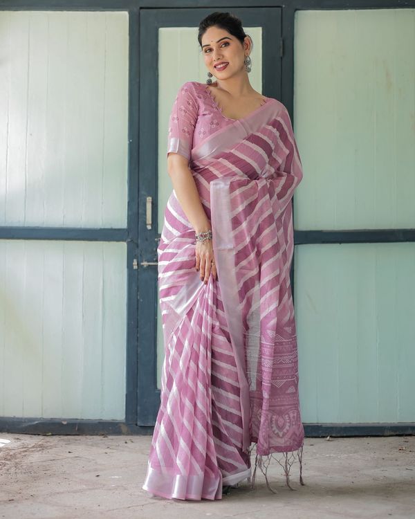 Soft Lavender Linen Saree with Elegant Stripe Pattern