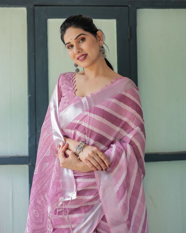 Soft Lavender Linen Saree with Elegant Stripe Pattern
