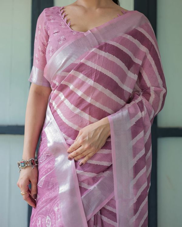 Soft Lavender Linen Saree with Elegant Stripe Pattern