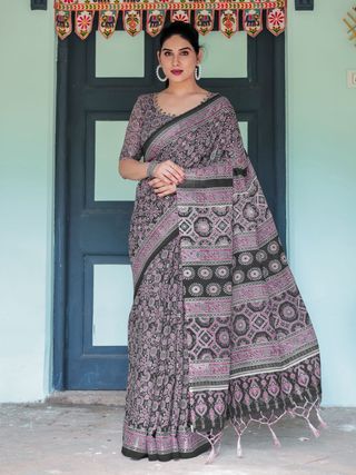 Elegant Black Ajrakh Linen Saree with Pink