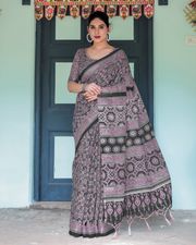 Elegant Black Ajrakh Linen Saree with Pink - Black