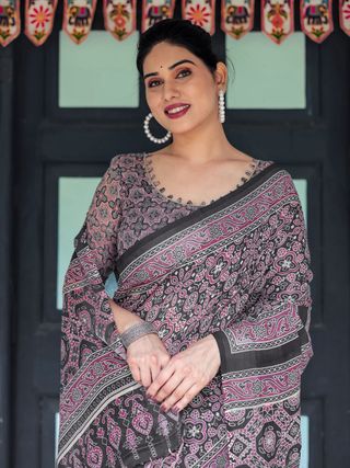 Elegant Black Ajrakh Linen Saree with Pink