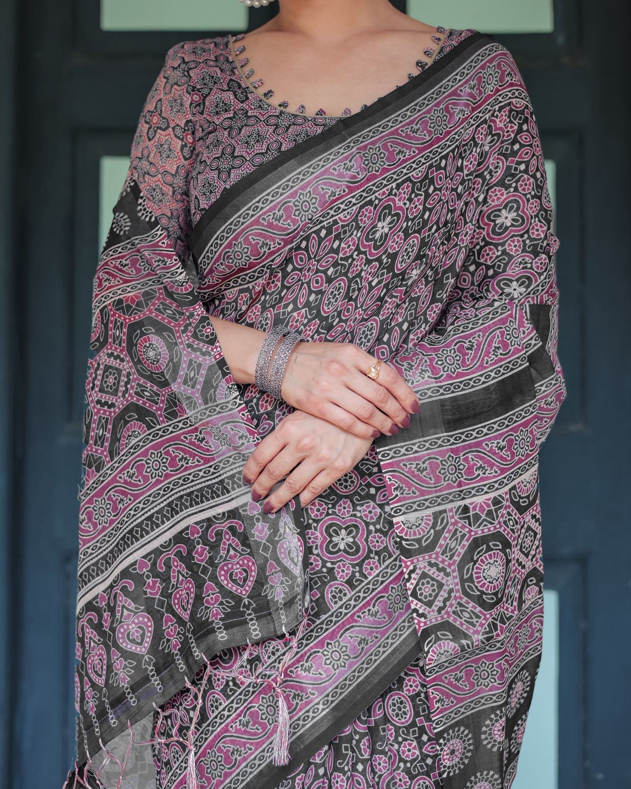 Elegant Black Ajrakh Linen Saree with Pink