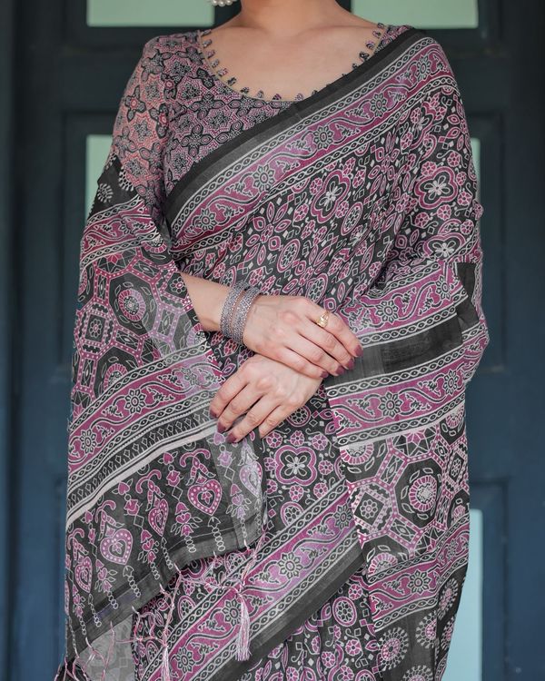 Elegant Black Ajrakh Linen Saree with Pink