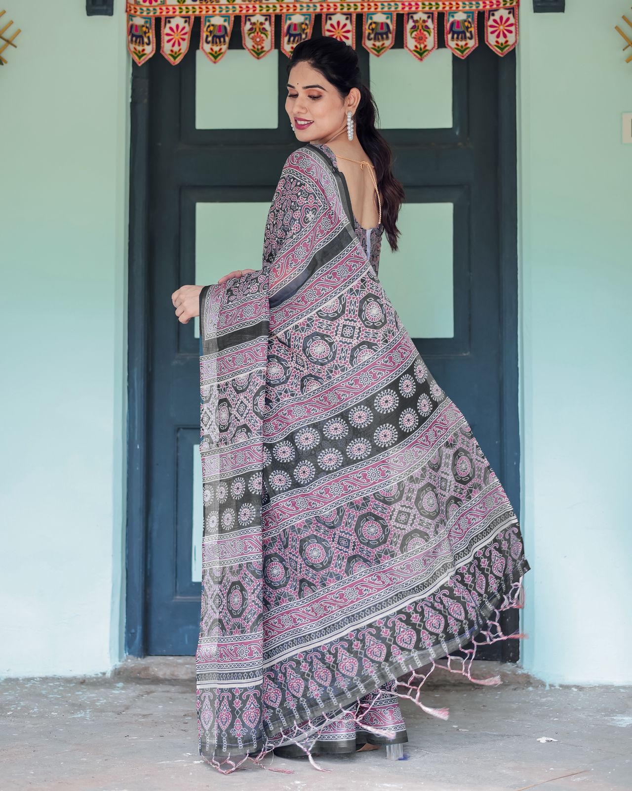 Elegant Black Ajrakh Linen Saree with Pink