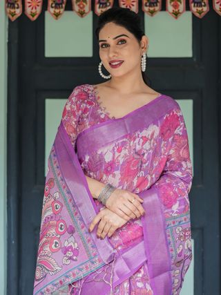 Purple Floral Linen Saree with Elegant Printed Pallu