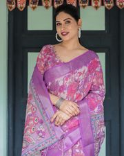 Purple Floral Linen Saree with Elegant Printed Pallu - Purple
