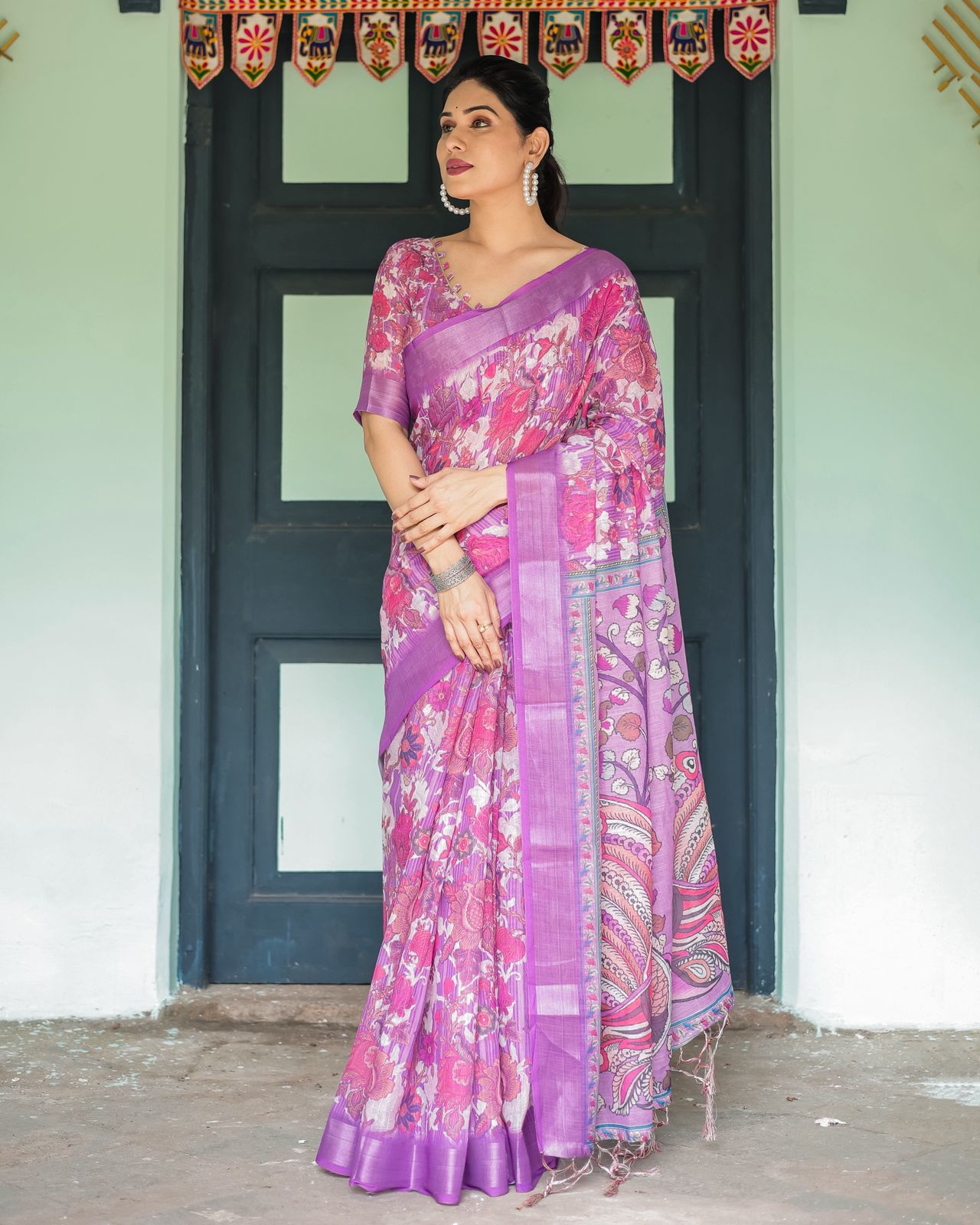 Purple Floral Linen Saree with Elegant Printed Pallu