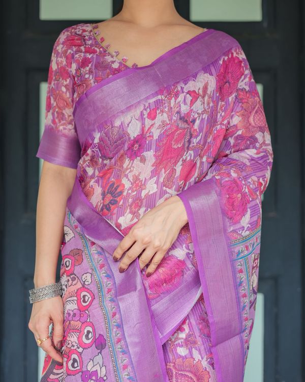 Purple Floral Linen Saree with Elegant Printed Pallu
