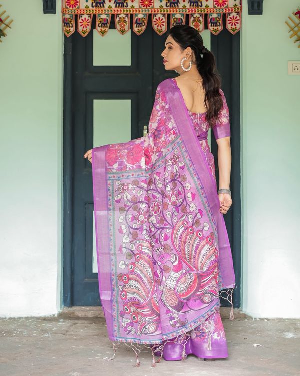 Purple Floral Linen Saree with Elegant Printed Pallu