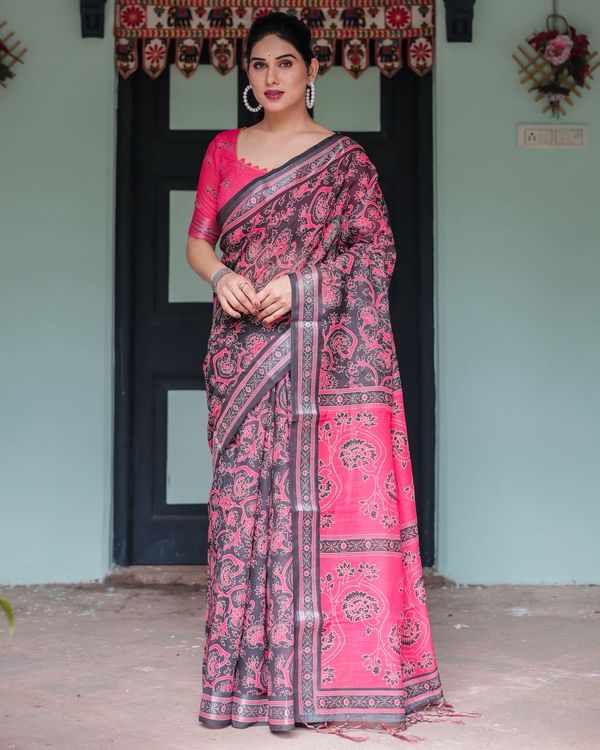 Black Pink Linen Saree with Digital Floral Print Pallu