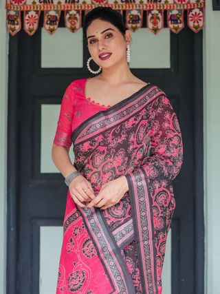 Black Pink Linen Saree with Digital Floral Print Pallu