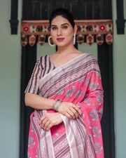 Elegant Pink & Black Linen Printed Saree for Modern Women - Pink