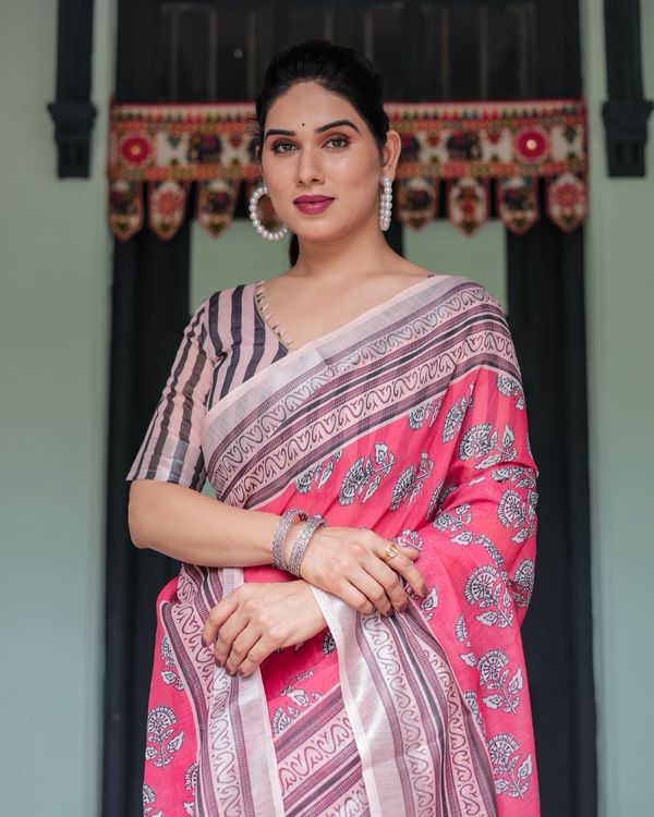 Elegant Pink & Black Linen Printed Saree for Modern Women