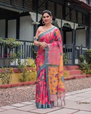 Vibrant Pink & Blue Floral Linen Saree with Artistic Prints - Pink