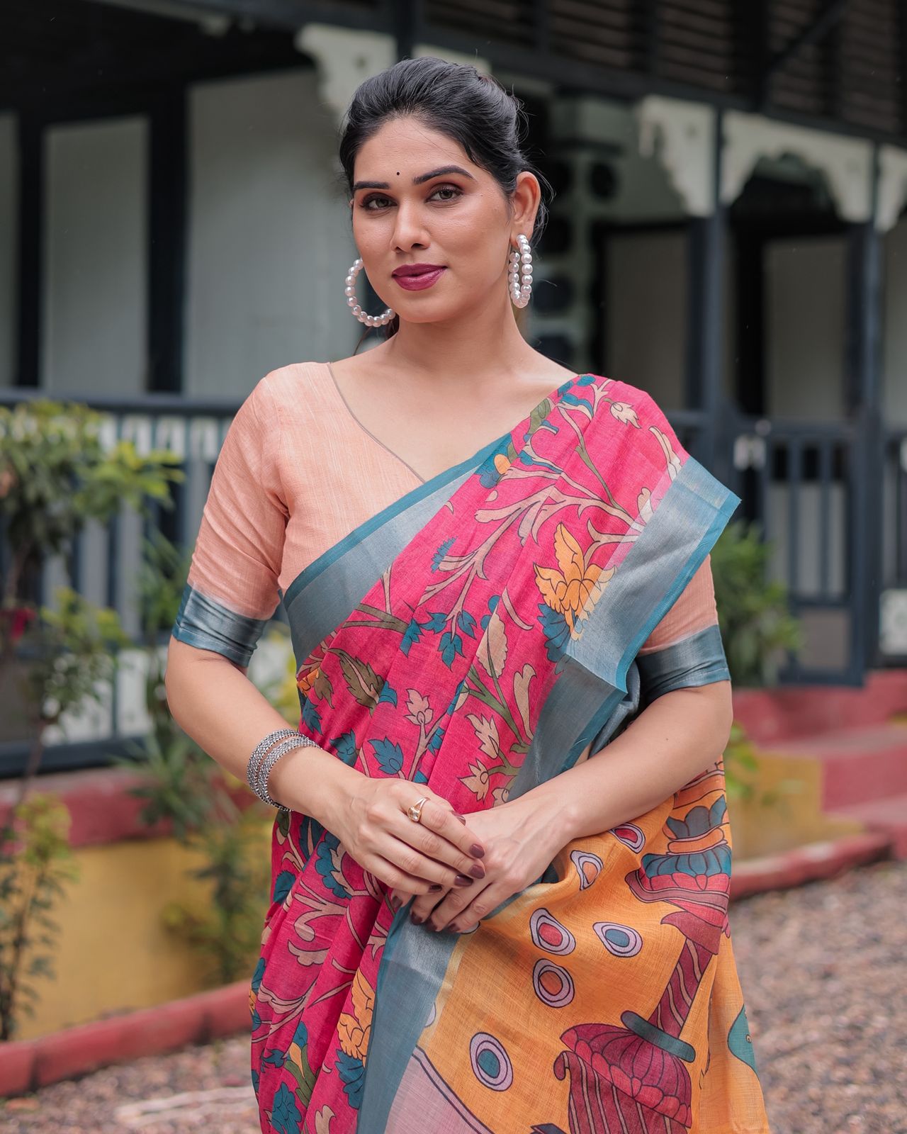 Vibrant Pink & Blue Floral Linen Saree with Artistic Prints