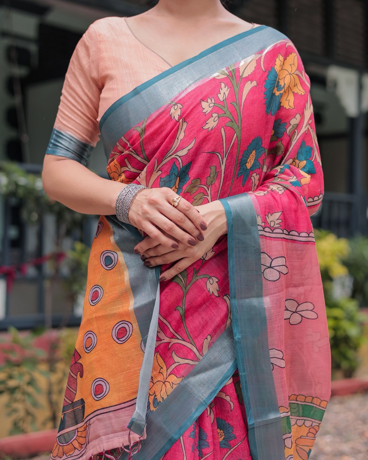 Vibrant Pink & Blue Floral Linen Saree with Artistic Prints