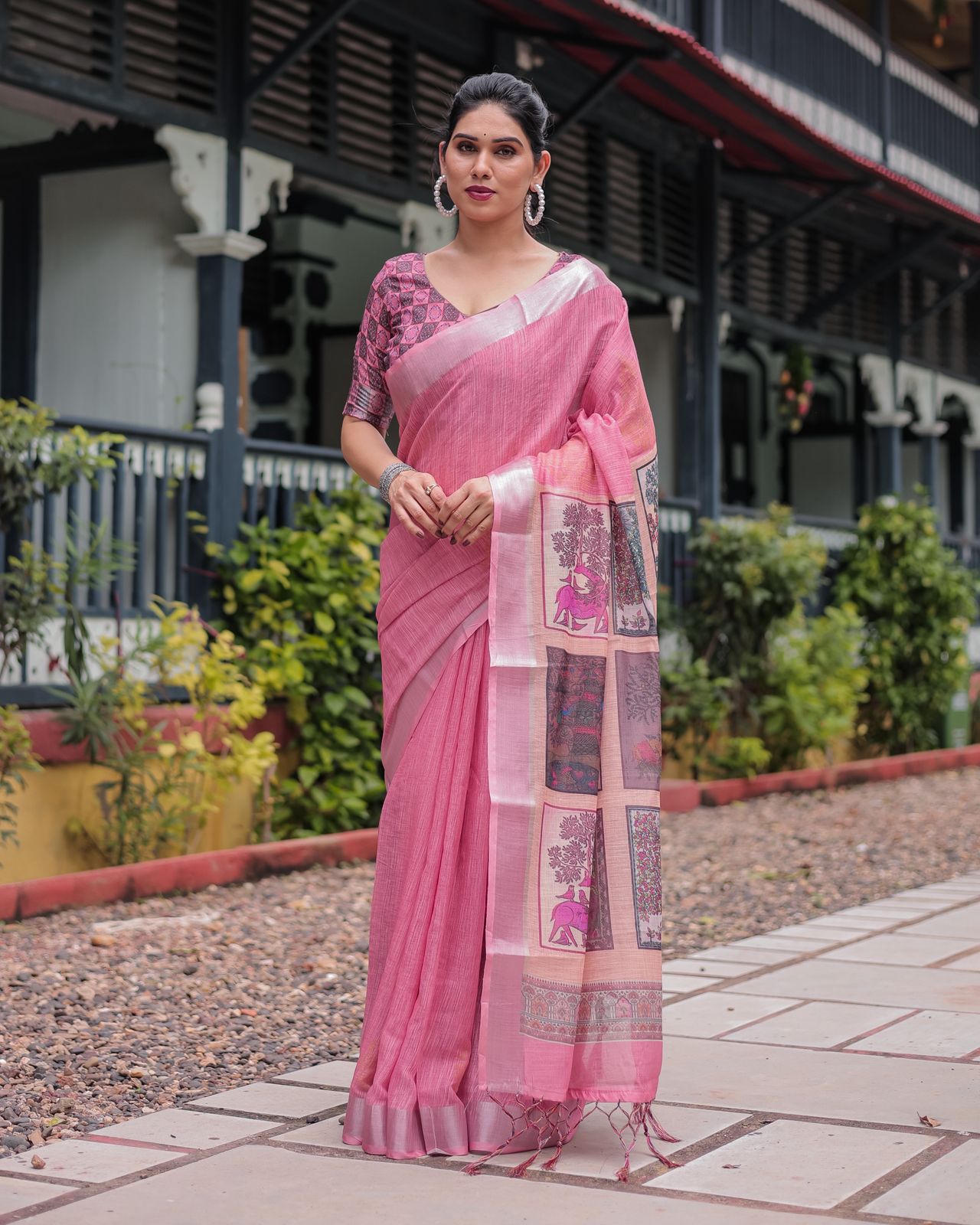 Graceful Pink Linen Saree with Subtle Silver Border