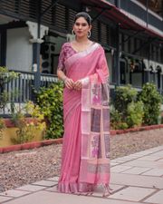 Graceful Pink Linen Saree with Subtle Silver Border - Pink