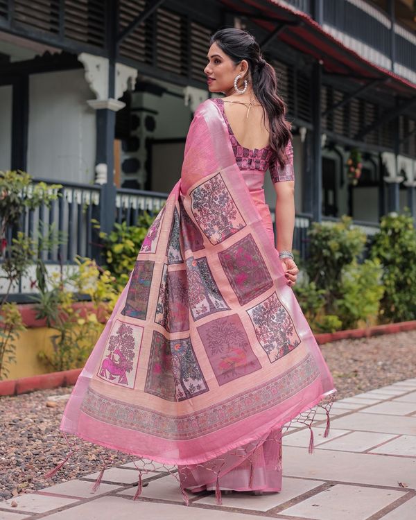 Graceful Pink Linen Saree with Subtle Silver Border