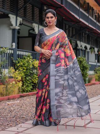 Black Floral Linen Saree with Artistic Prints Online