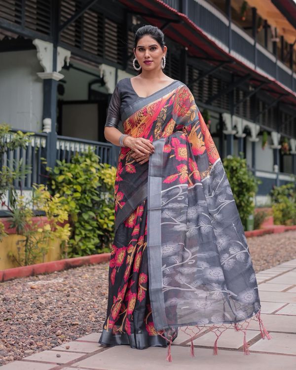 Black Floral Linen Saree with Artistic Prints Online