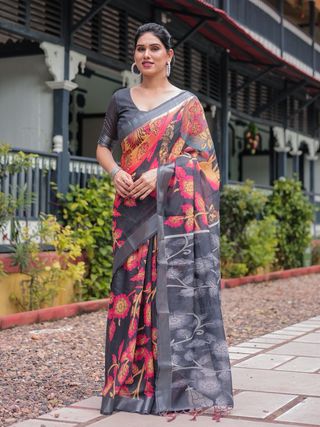 Black Floral Linen Saree with Artistic Prints Online