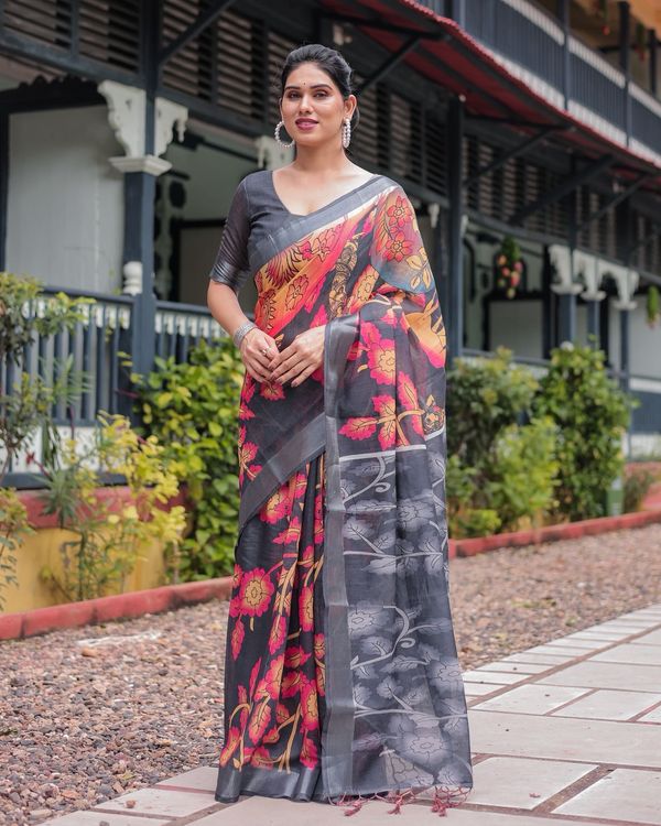 Black Floral Linen Saree with Artistic Prints Online