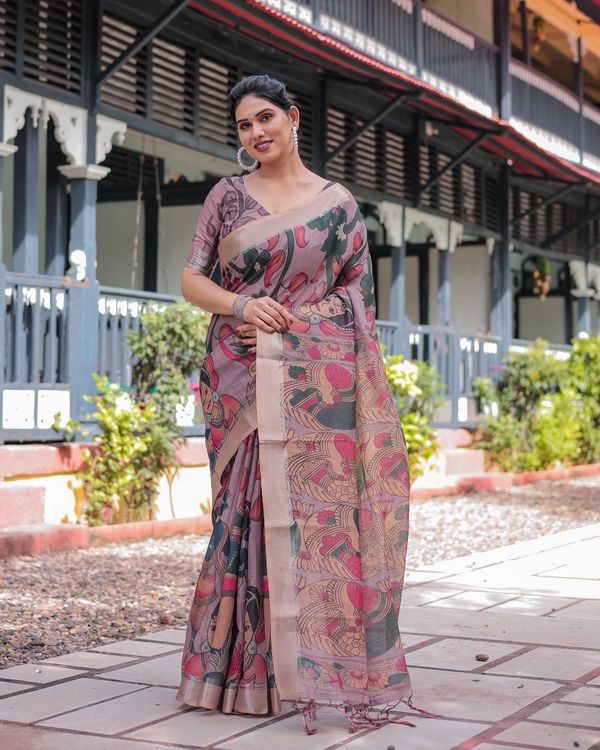 Elegant Mauve Linen Saree with Artistic Madhubani Print