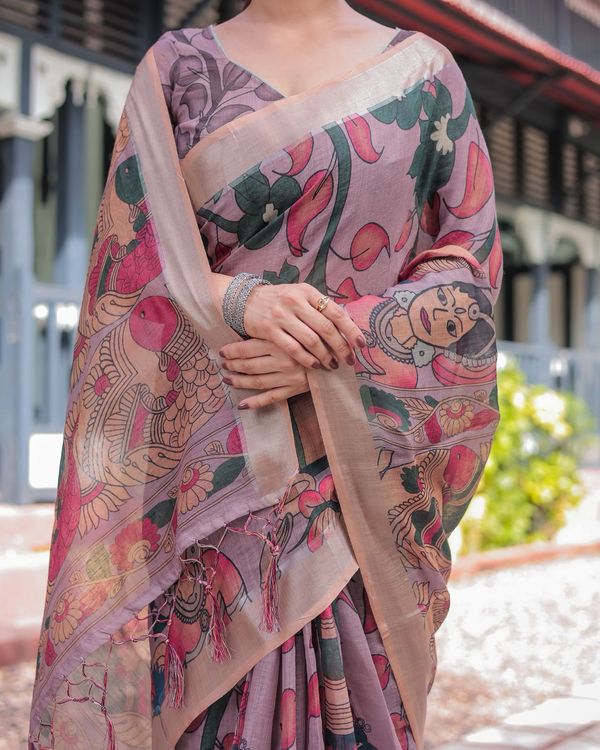 Elegant Mauve Linen Saree with Artistic Madhubani Print
