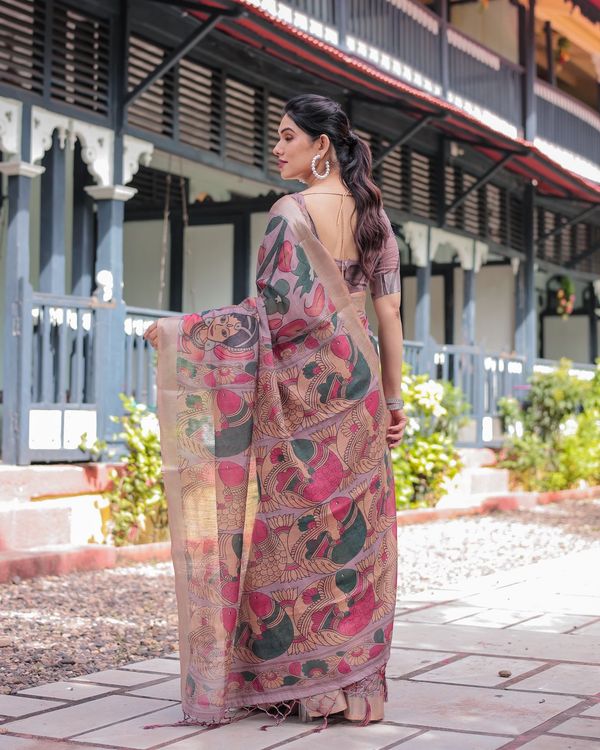 Elegant Mauve Linen Saree with Artistic Madhubani Print