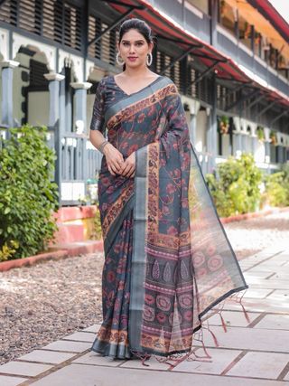 Charcoal Grey Linen Saree with Floral Print Online