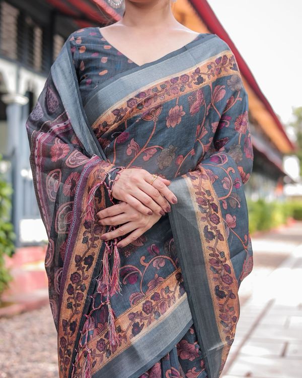Charcoal Grey Linen Saree With Floral Print Online