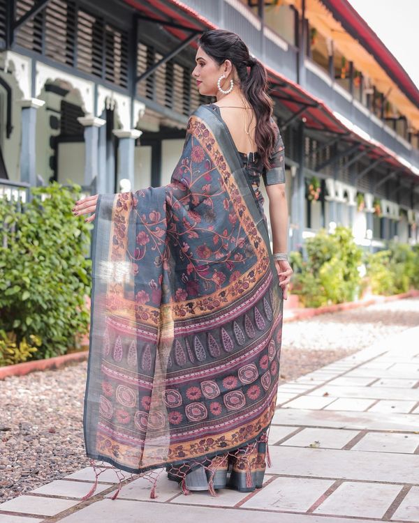 Charcoal Grey Linen Saree with Floral Print Online