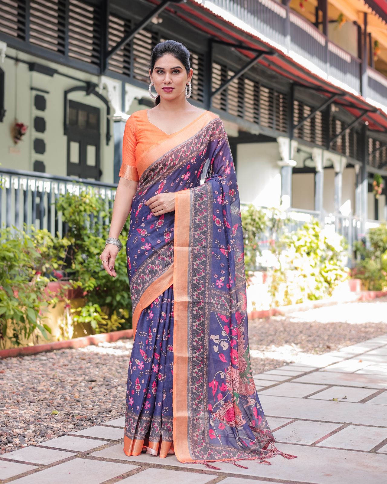 Royal Blue Linen Saree with Vibrant Orange Border Design