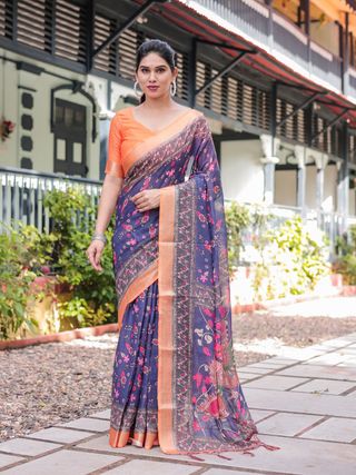 Royal Blue Linen Saree with Vibrant Orange Border Design