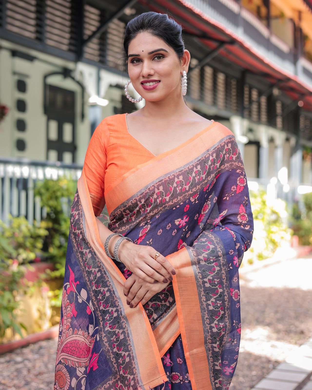 Royal Blue Linen Saree with Vibrant Orange Border Design