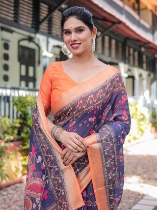 Royal Blue Linen Saree with Vibrant Orange Border Design