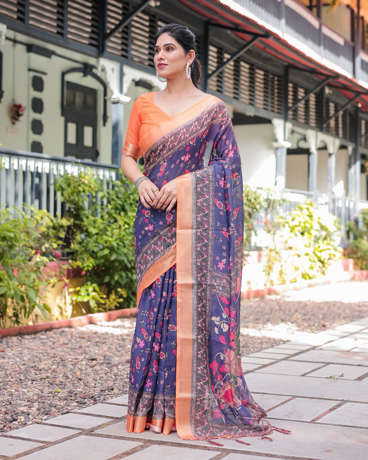 Royal Blue Linen Saree with Vibrant Orange Border Design