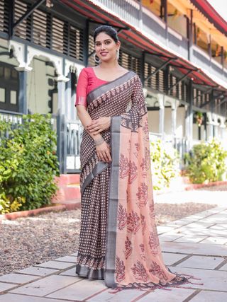 Elegant Peach Linen Saree with Bold Black Printed Border