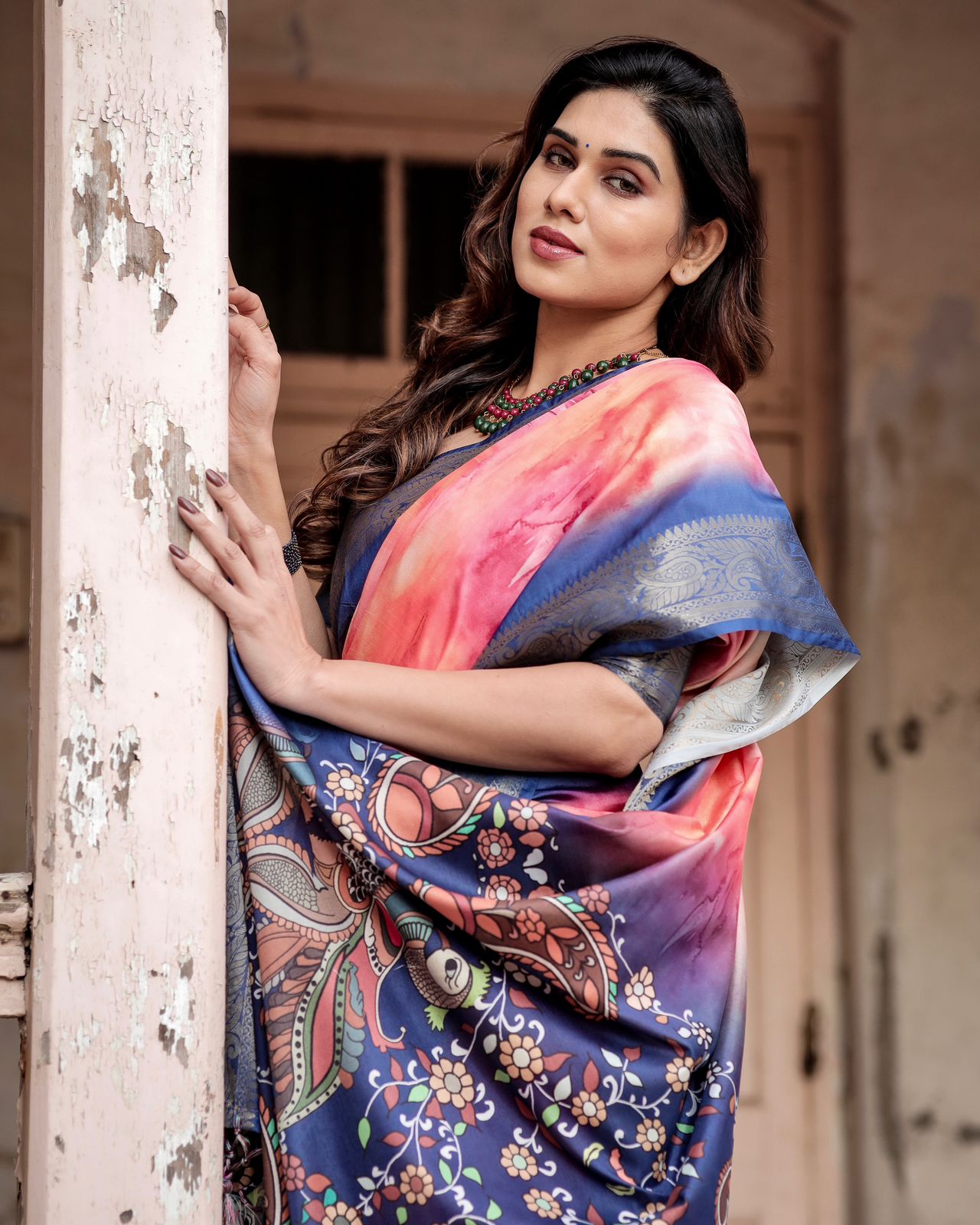 Pink Blue Ombre Tussar Silk Saree Online