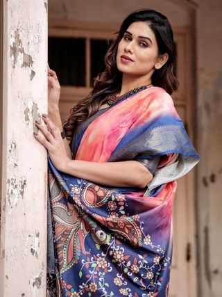 Pink Blue Ombre Tussar Silk Saree Online