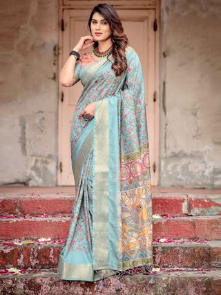 Sky Blue Tussar Silk Saree Online